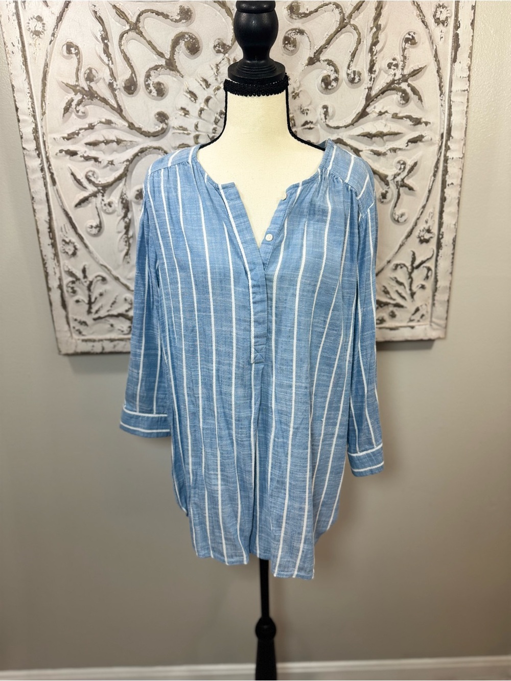 Nine West Jeans XL Blue White Stripe Tunic Blouse Split Neck 3/4 Sleeve Coastal - Picture 2 of 10